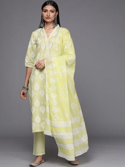 Lime Green Printed Cotton Straight Suit Set - Libas
