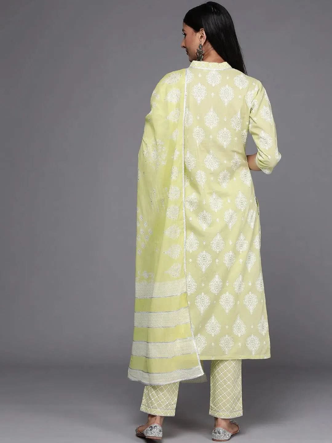 Lime Green Printed Cotton Straight Suit Set - Libas 