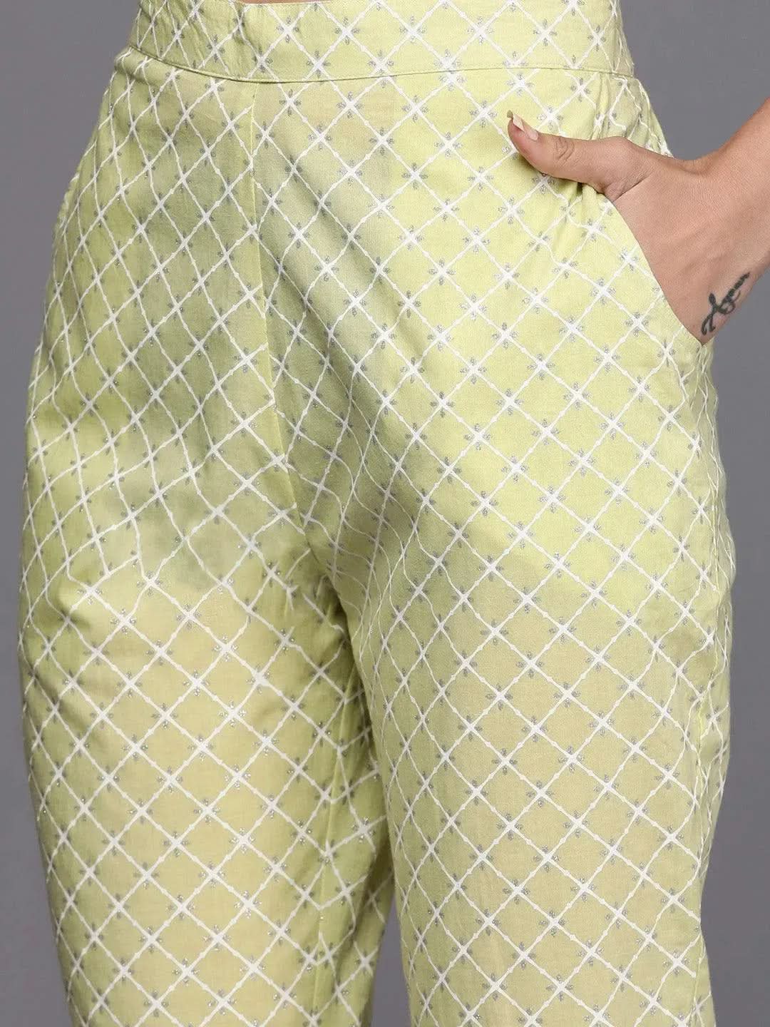 Lime Green Printed Cotton Straight Suit Set - Libas 