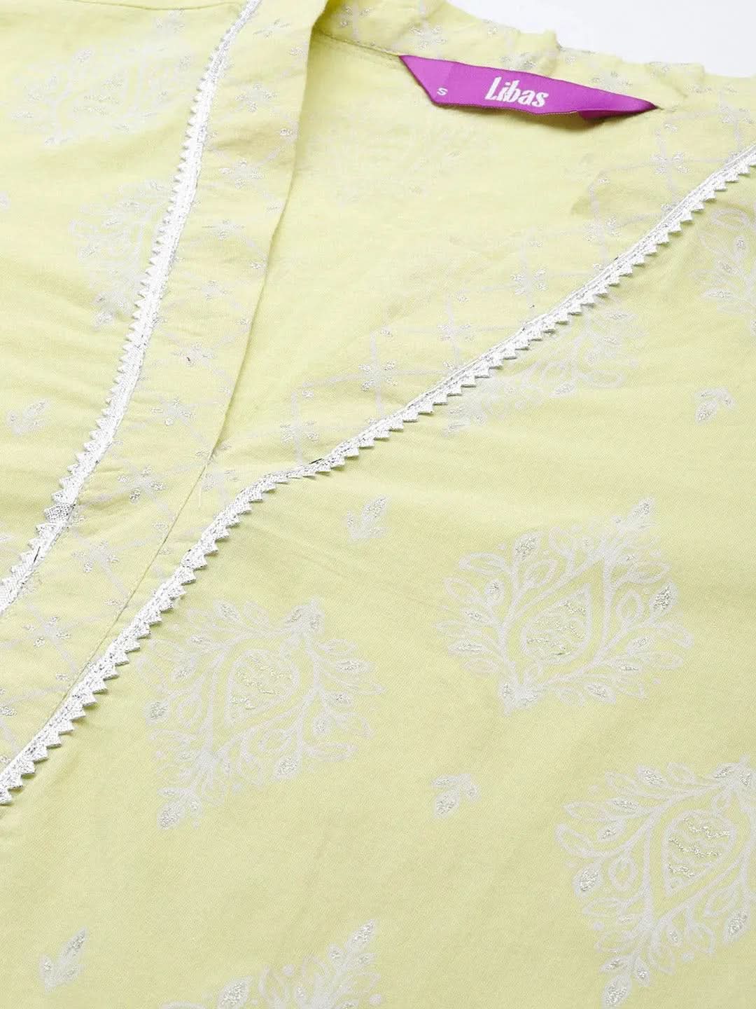 Lime Green Printed Cotton Straight Suit Set - Libas 