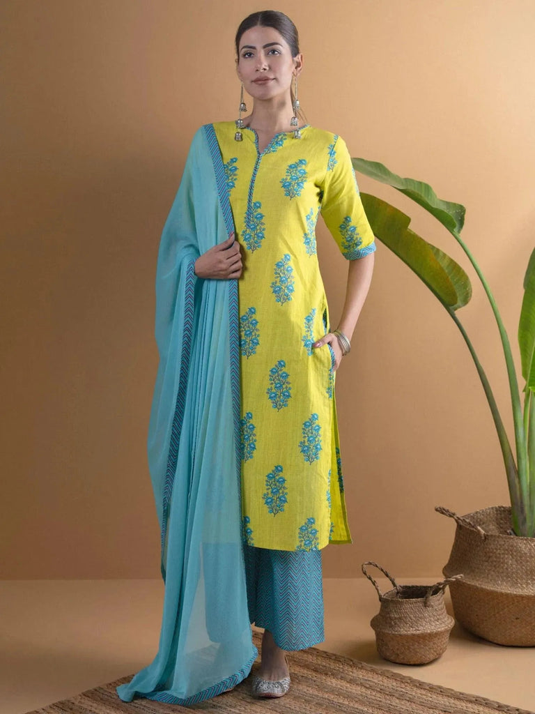 Libas Lime Green Printed Cotton Straight Kurta With Palazzos & Dupatta