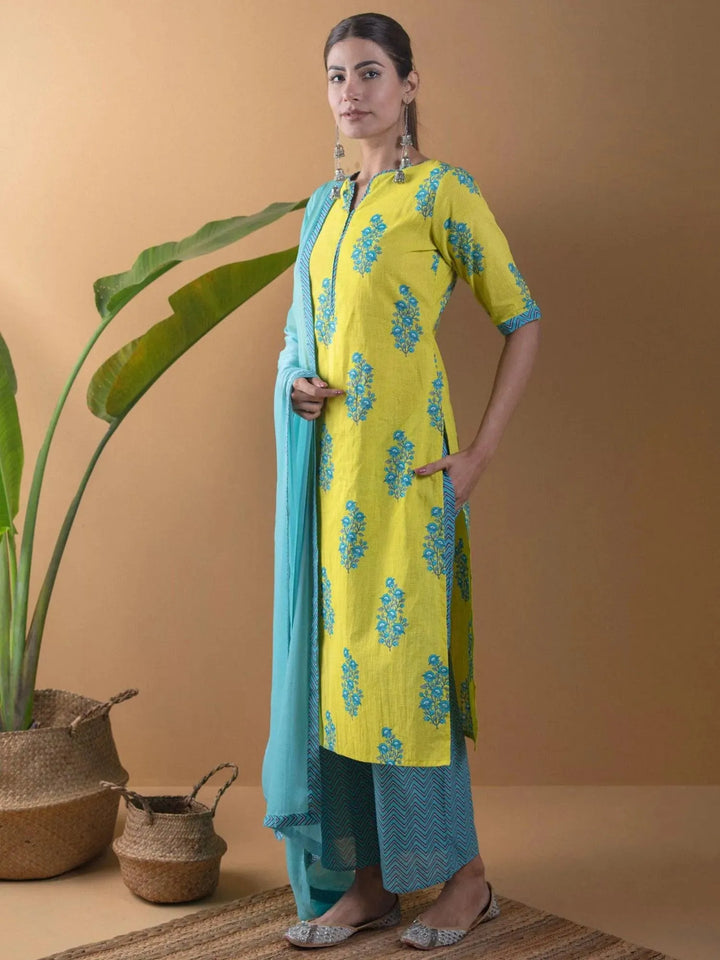 Lime Green Printed Cotton Suit Set - Libas