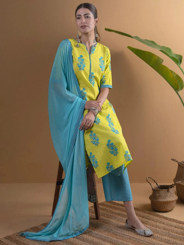 Lime Green Printed Cotton Suit Set - Libas