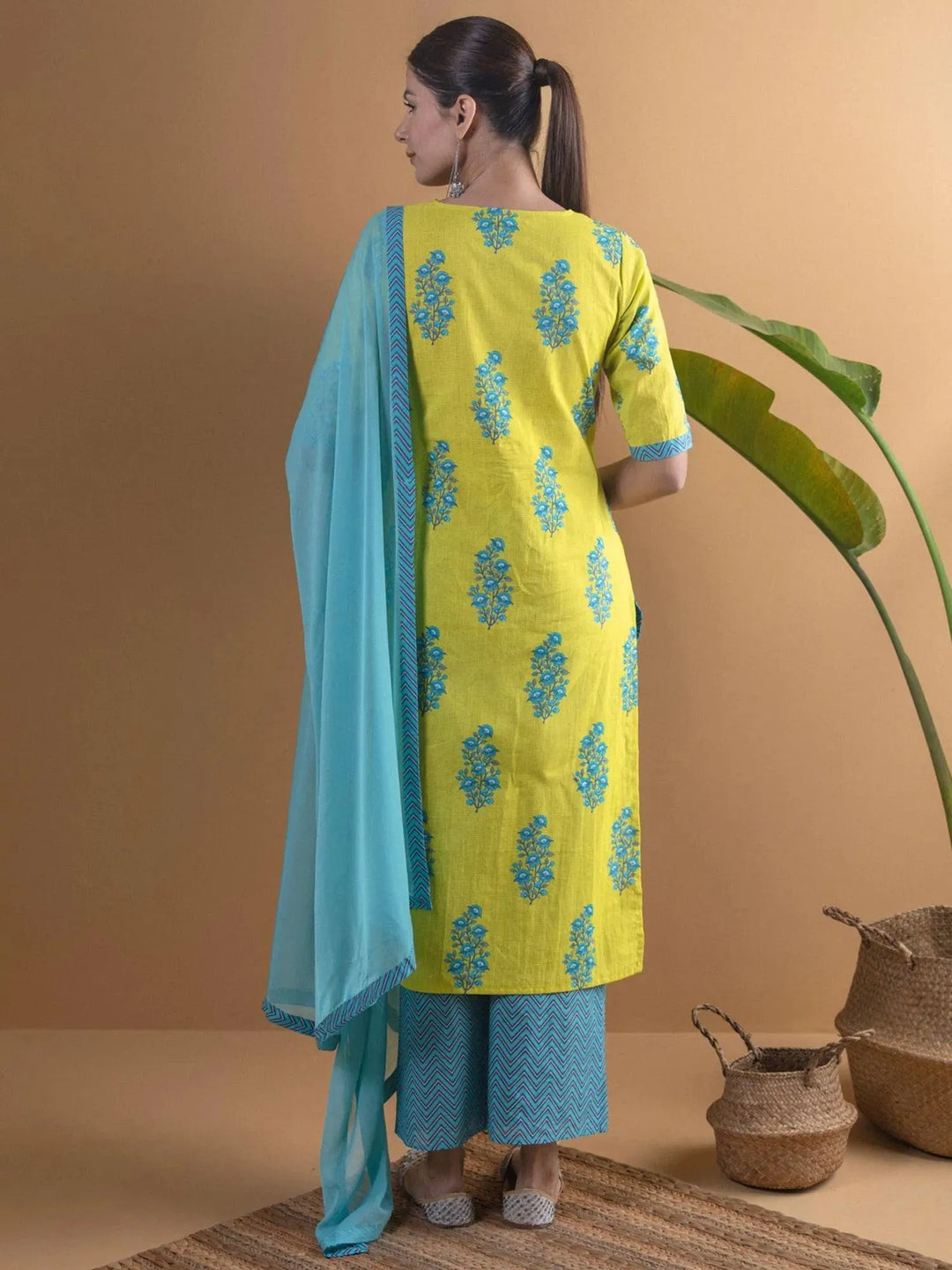 Lime Green Printed Cotton Suit Set - Libas 