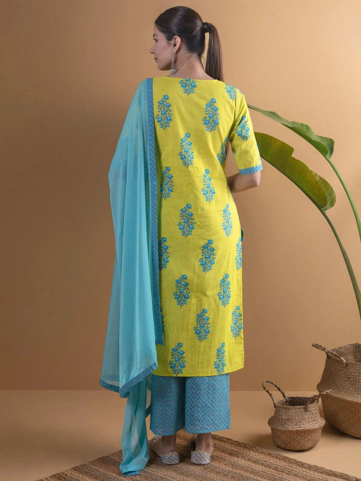 Lime Green Printed Cotton Suit Set - Libas