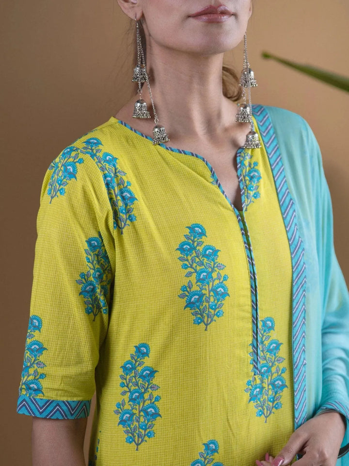 Lime Green Printed Cotton Suit Set - Libas