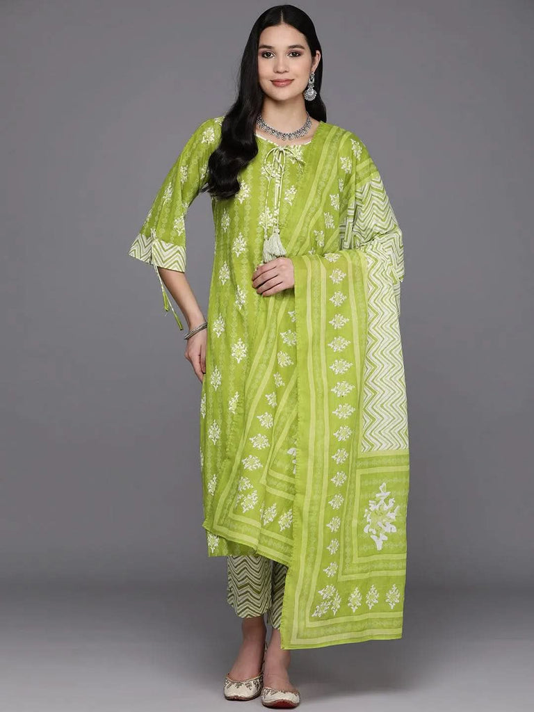 Libas Lime Green Printed Cotton Straight Kurta With Trousers & Dupatta