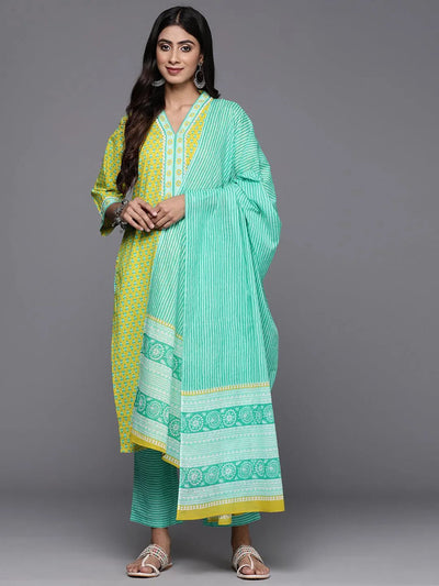 Lime Green Printed Cotton Straight Kurta With Trousers and Dupatta - Libas