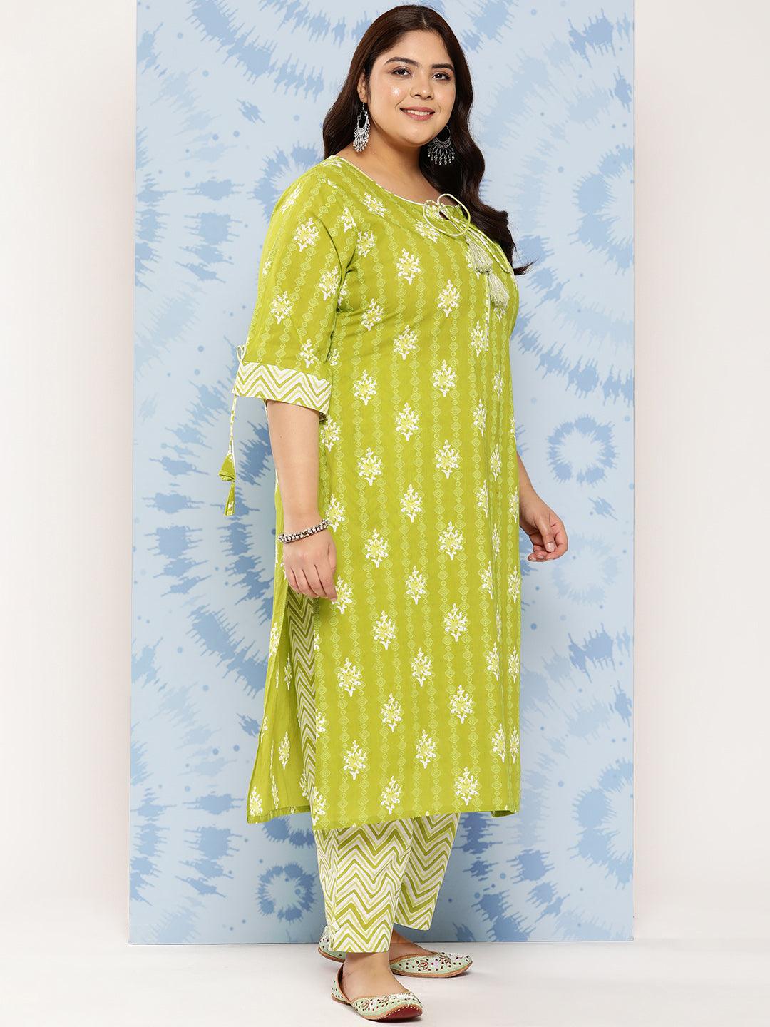 Lime Green Printed Cotton Straight Kurta With Trousers and Dupatta