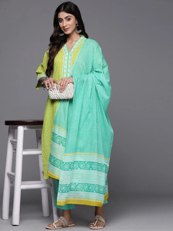 Lime Green Printed Cotton Straight Kurta With Trousers & Dupatta - Libas