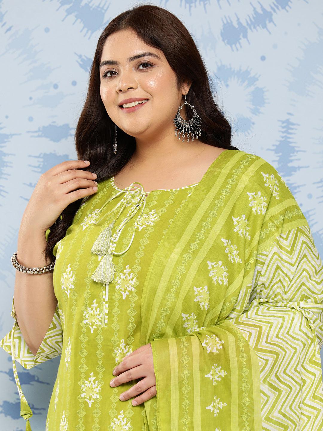 Lime Green Printed Cotton Straight Kurta With Trousers and Dupatta