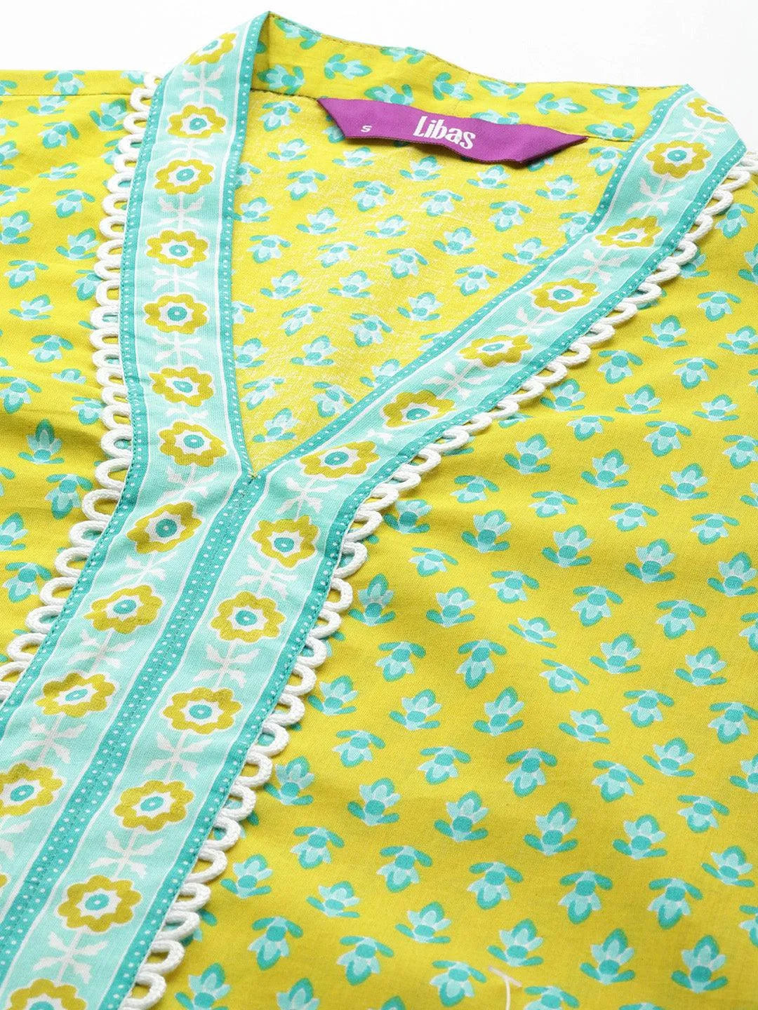 Lime Green Printed Cotton Straight Kurta With Trousers & Dupatta - Libas 