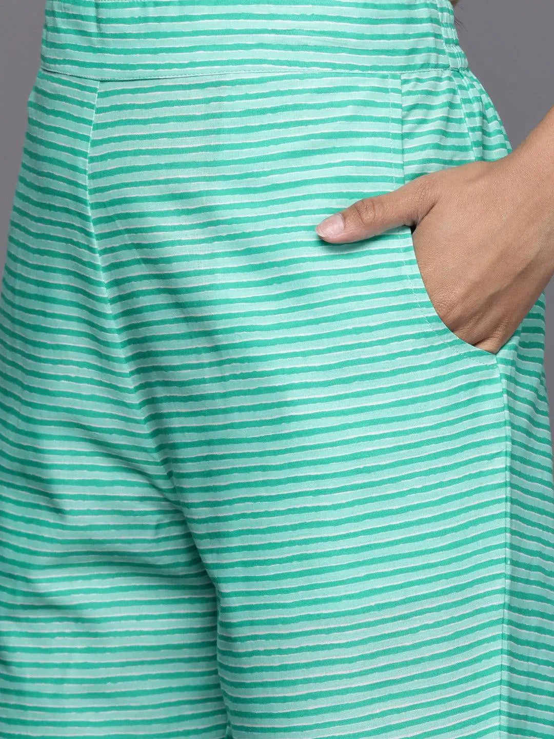 Lime Green Printed Cotton Straight Kurta With Trousers & Dupatta - Libas 