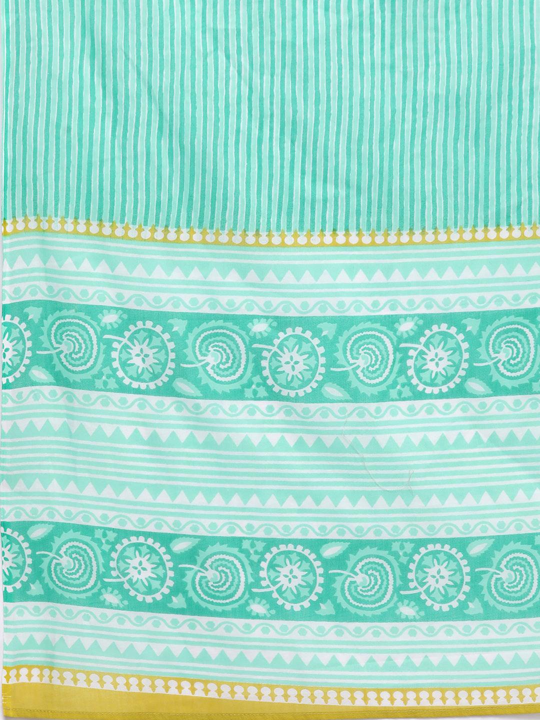 Lime Green Printed Cotton Straight Kurta With Trousers & Dupatta - Libas