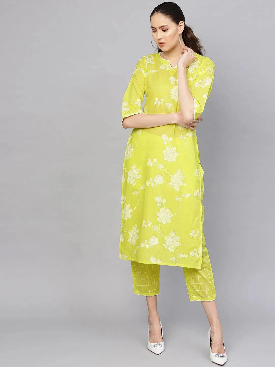 Lime Green Printed Cotton Kurta Set - Libas 