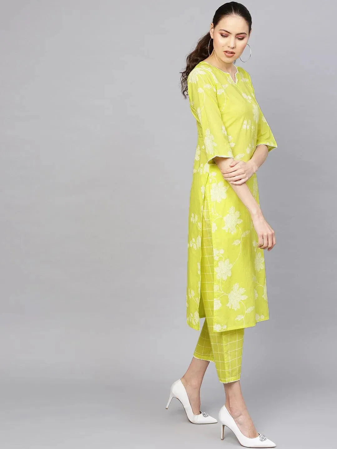 Lime Green Printed Cotton Kurta Set - Libas 