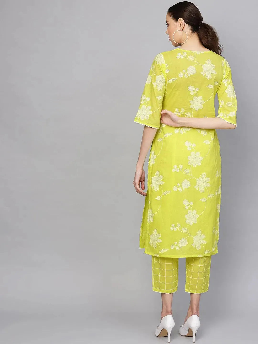 Lime Green Printed Cotton Kurta Set - Libas 