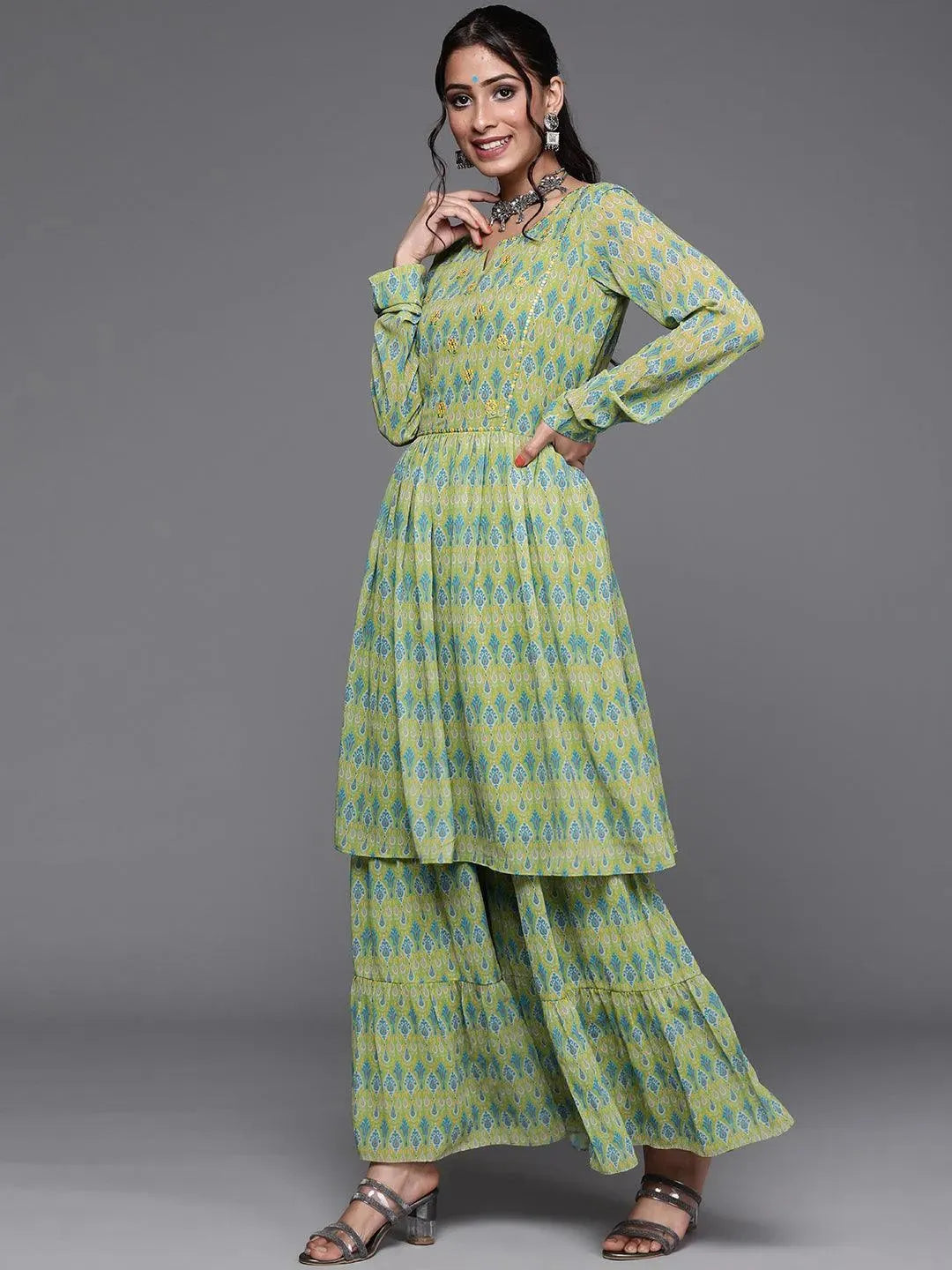 Lime Green Printed Georgette Suit Set - Libas 