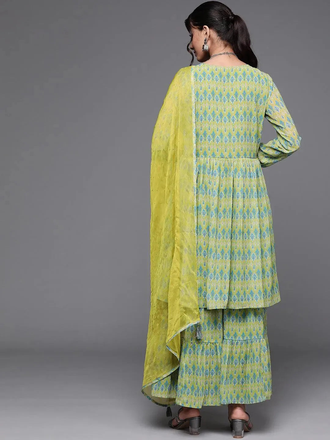 Lime Green Printed Georgette Suit Set - Libas 