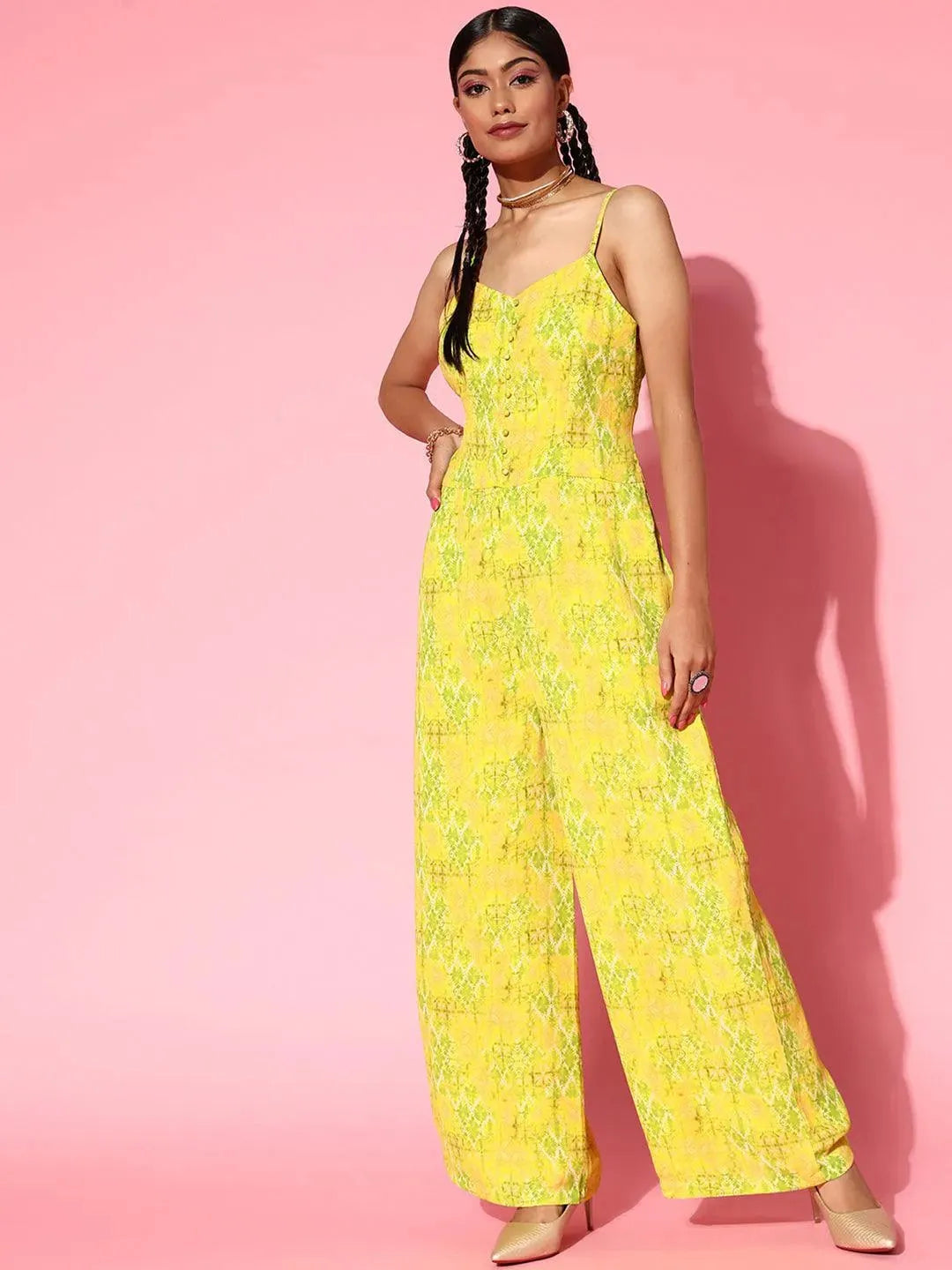 Lime Green Printed Georgette Jumpsuit - Libas