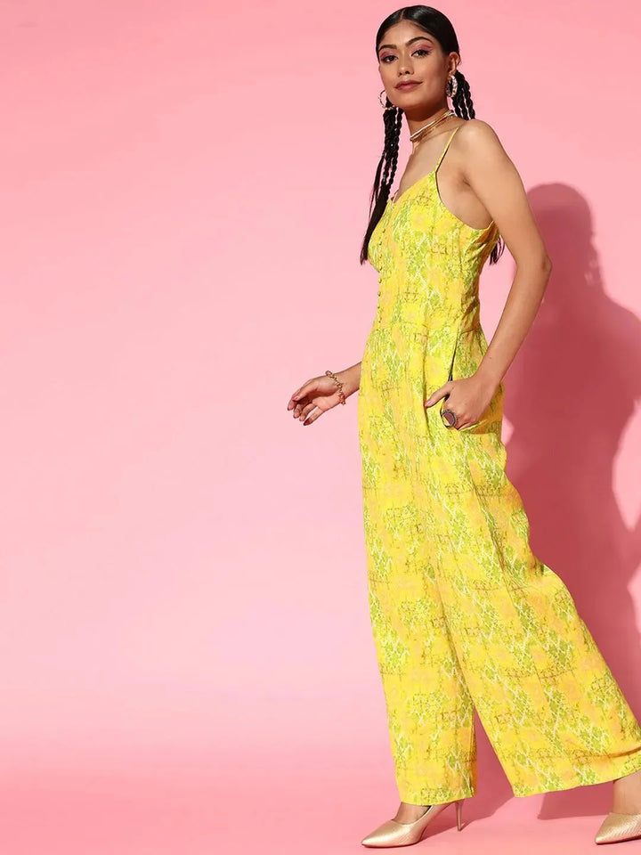 Lime Green Printed Georgette Jumpsuit - Libas