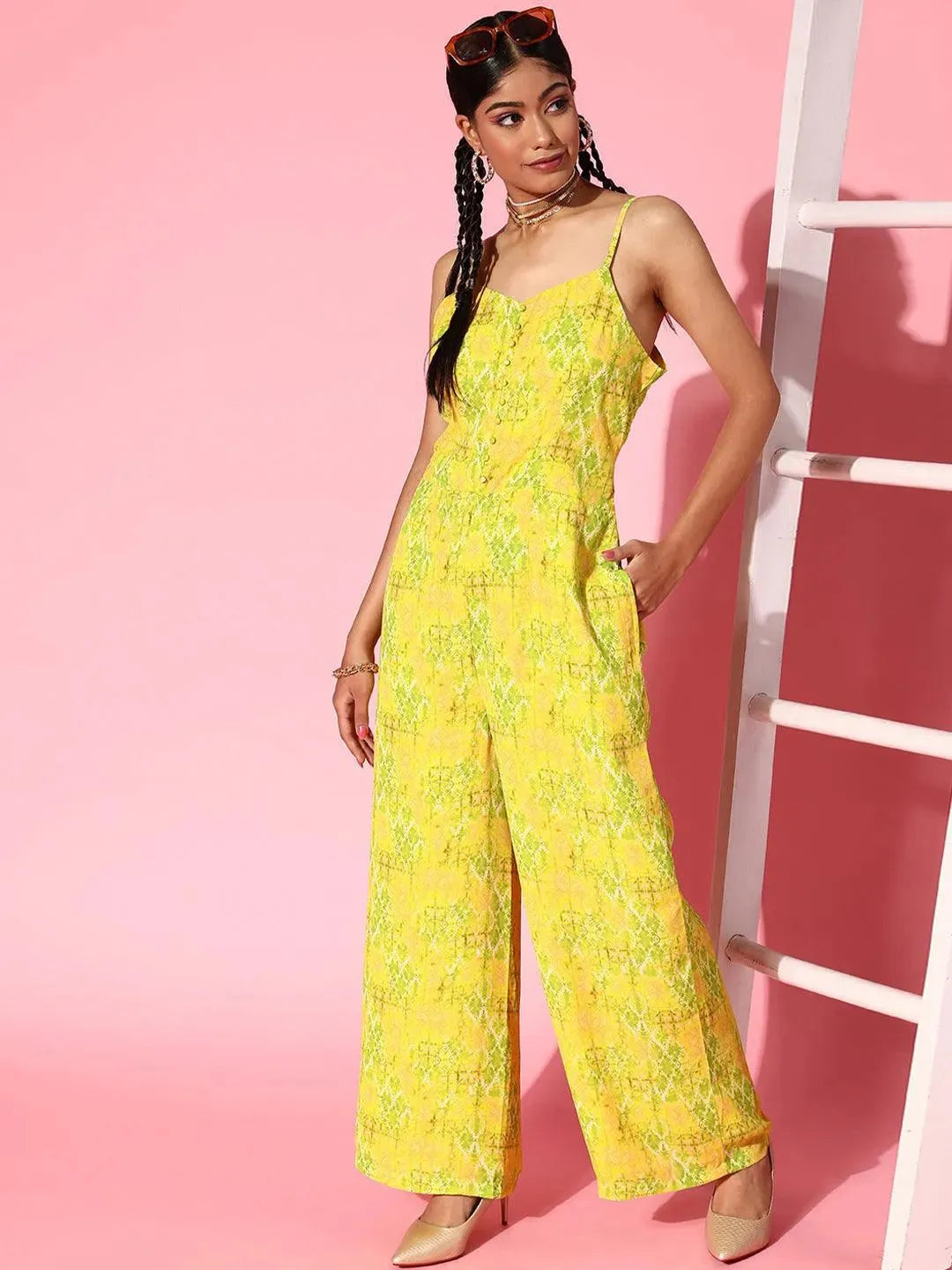 Lime Green Printed Georgette Jumpsuit - Libas