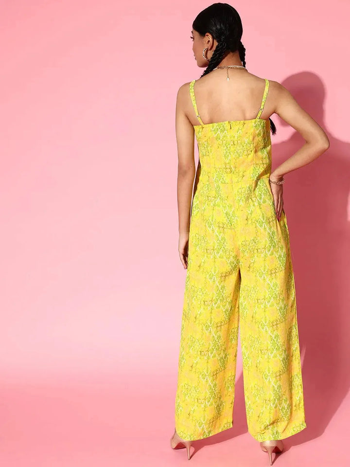 Lime Green Printed Georgette Jumpsuit - Libas