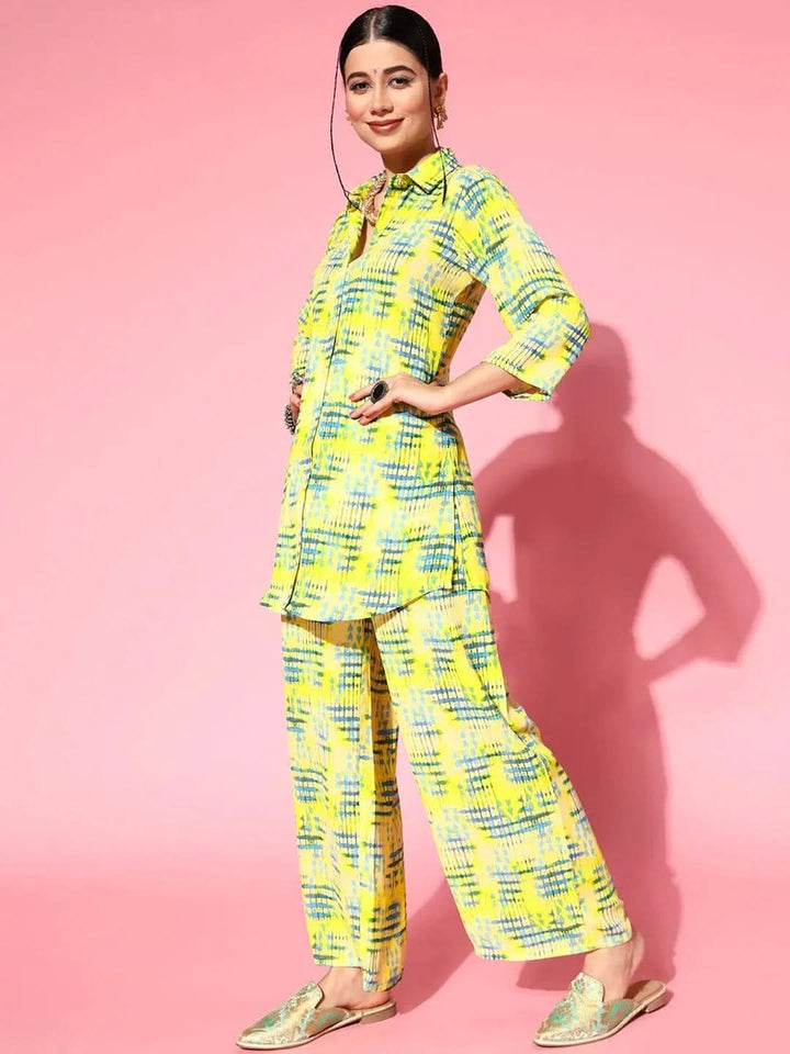 Lime Green Printed Georgette Co-Ords - Libas
