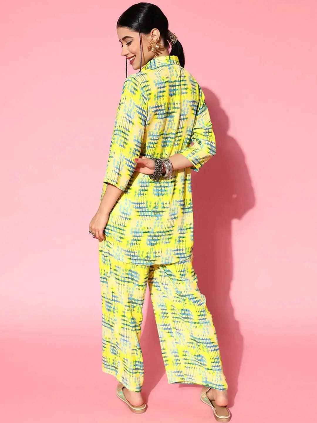 Lime Green Printed Georgette Co-Ords - Libas 