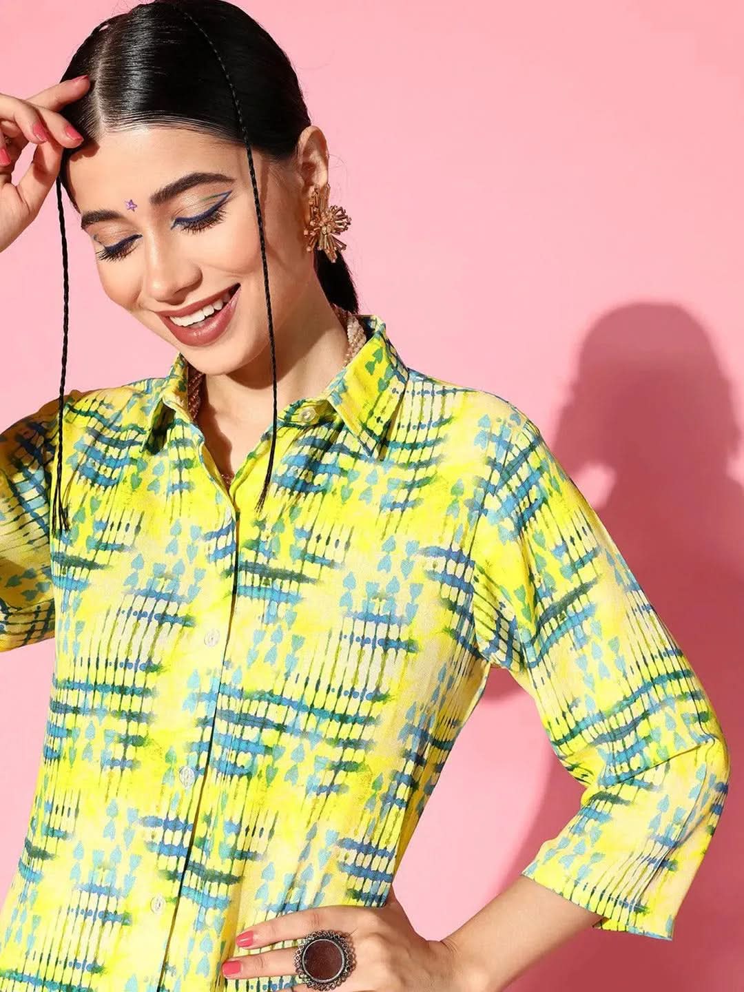 

Lime Green Printed Georgette Shirt With Palazzos