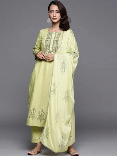 Lime Green Printed Viscose Rayon Suit Set - Libas