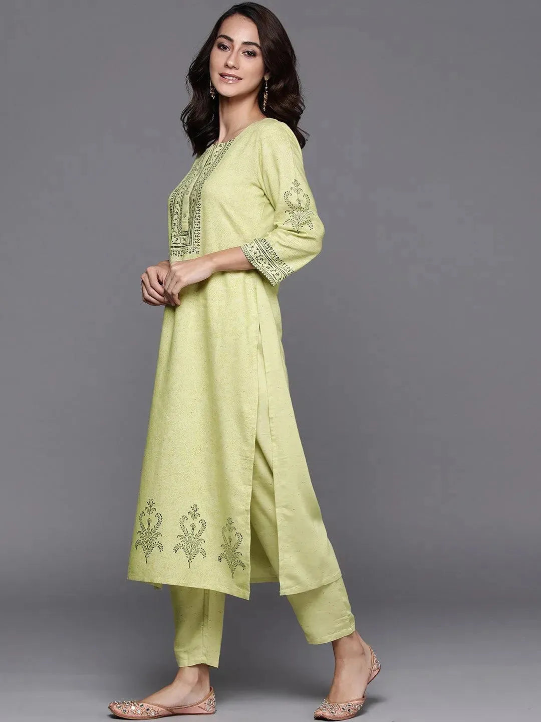 Lime Green Printed Viscose Rayon Suit Set - Libas