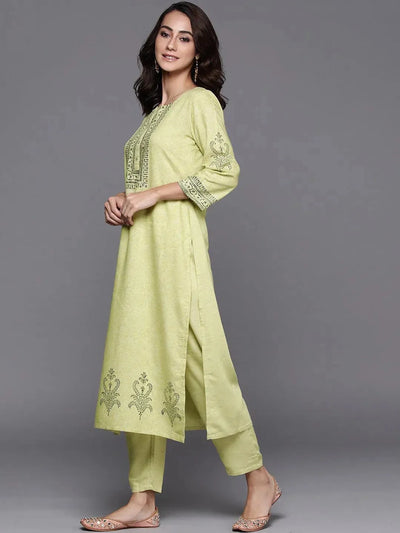 Lime Green Printed Viscose Rayon Suit Set - Libas