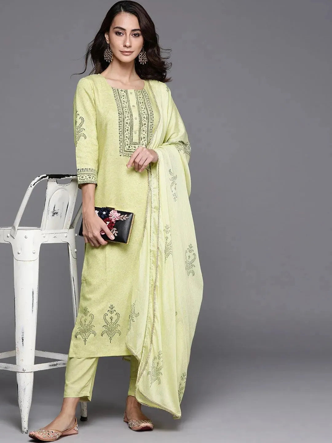 Lime Green Printed Viscose Rayon Suit Set - Libas