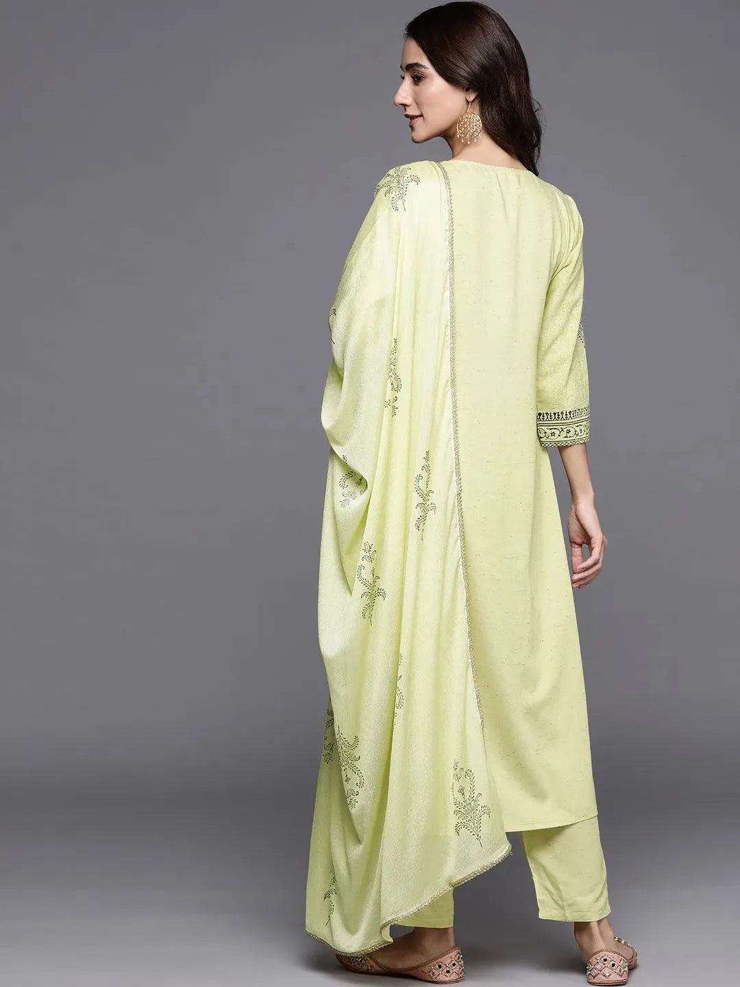 Lime Green Printed Viscose Rayon Suit Set - Libas