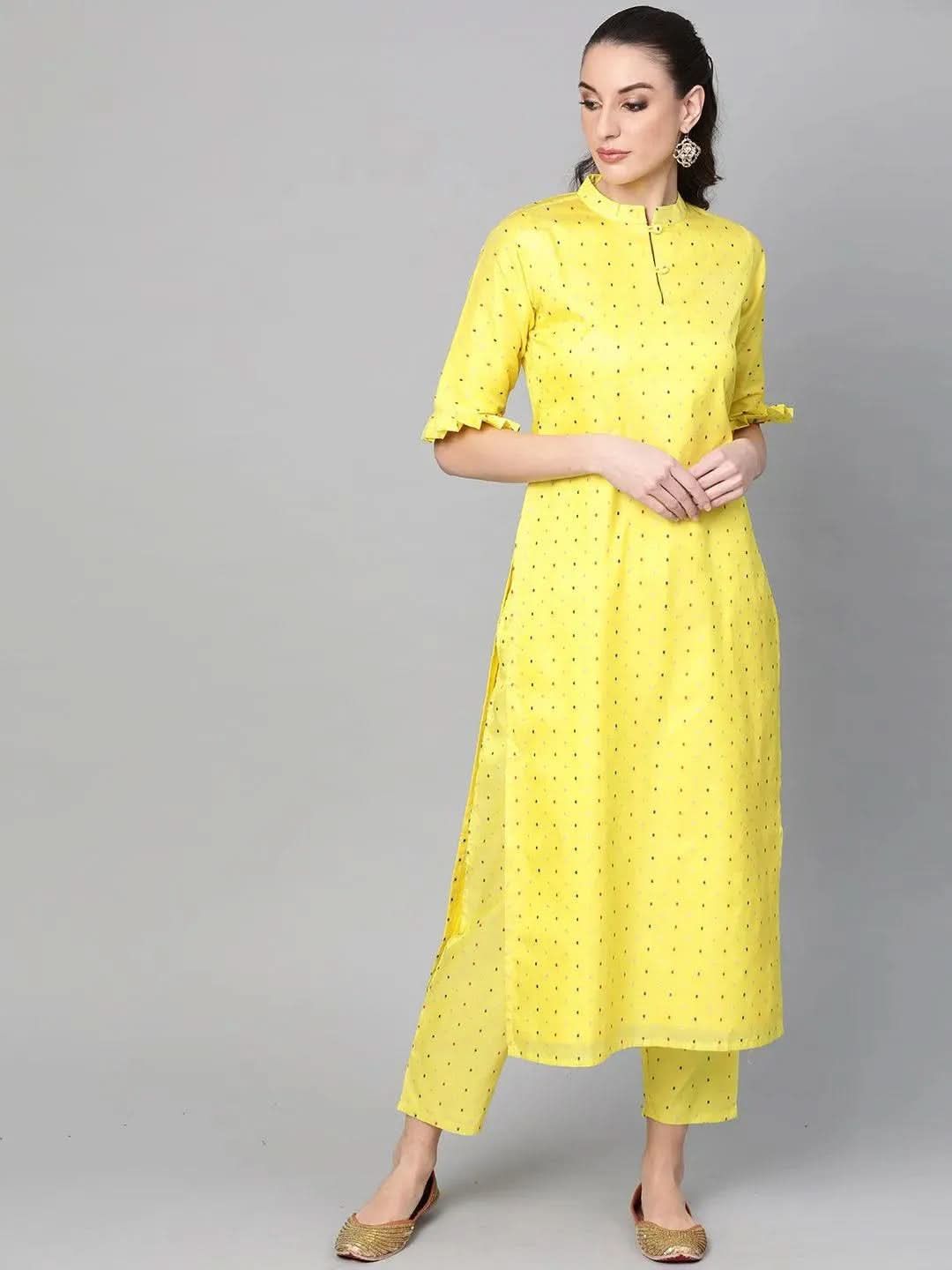 Lime Green Self Design Chanderi Kurta Set - Libas 