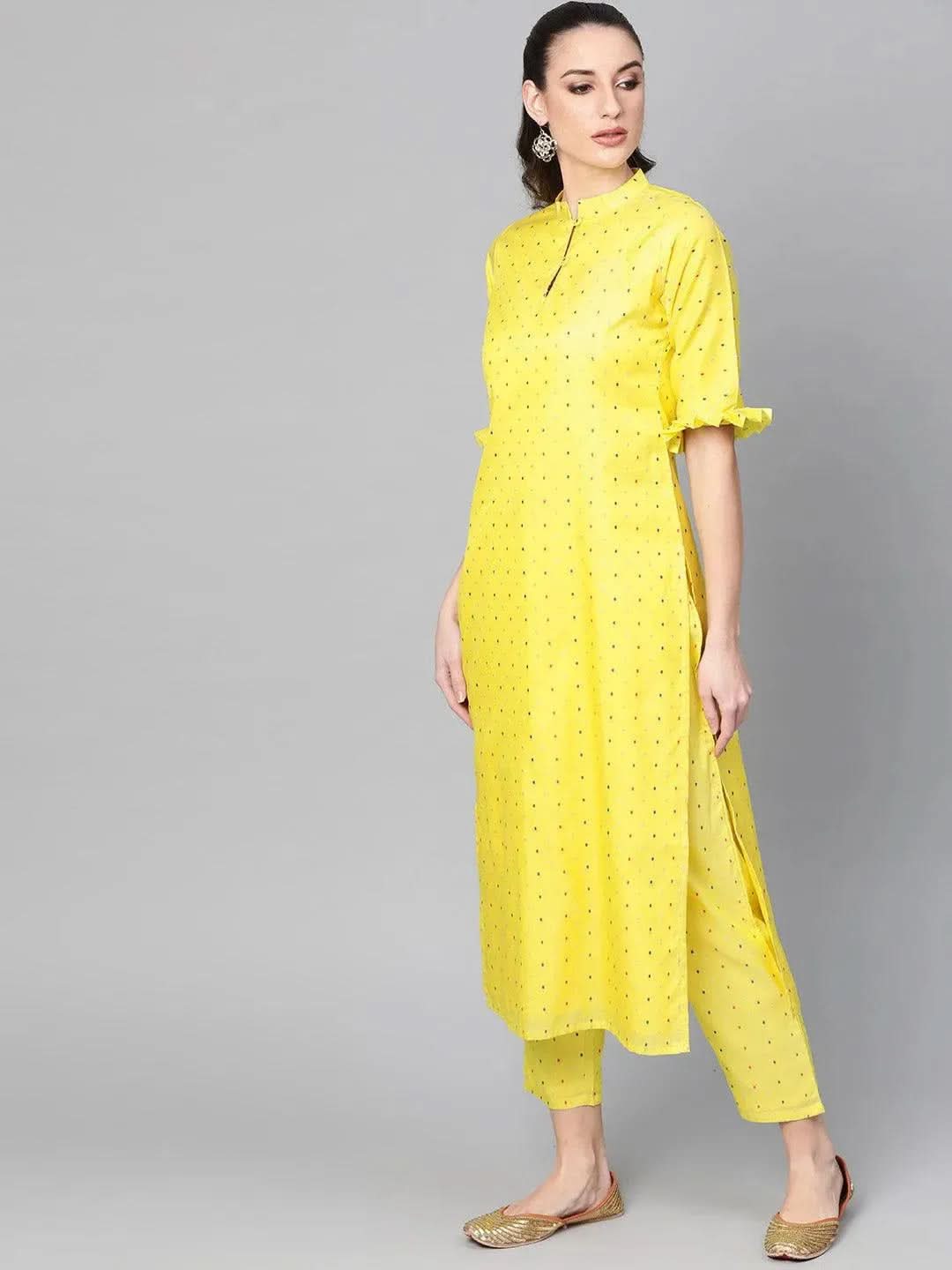 Lime Green Self Design Chanderi Kurta Set - Libas 
