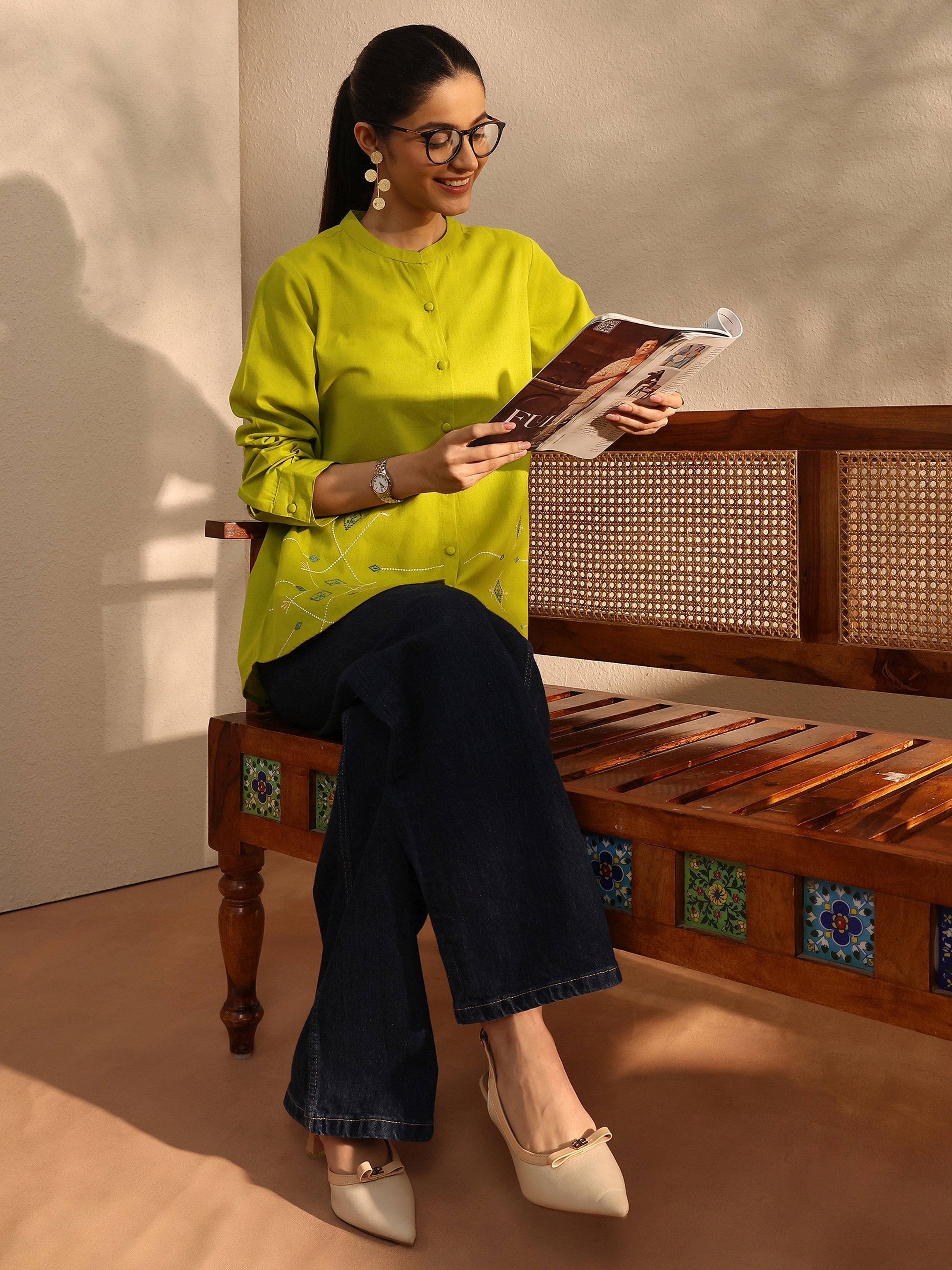 Lime Green Self Design Linen Shirt-image-44