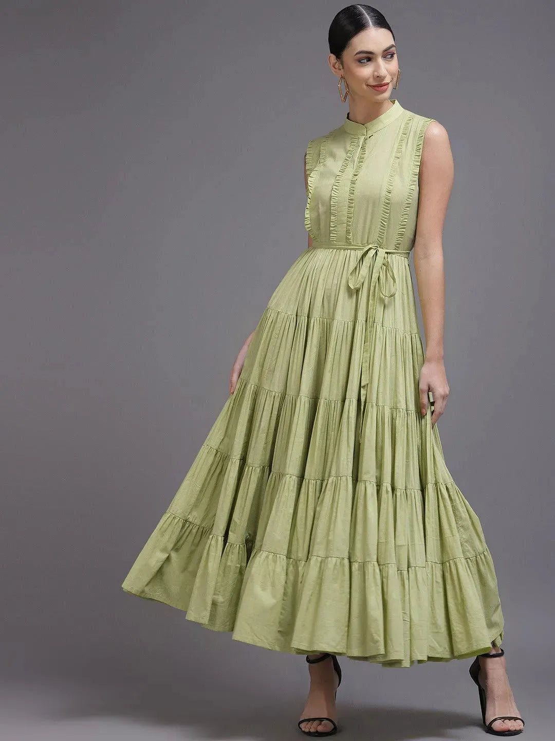 Lime Green Solid Cotton Dress - Libas