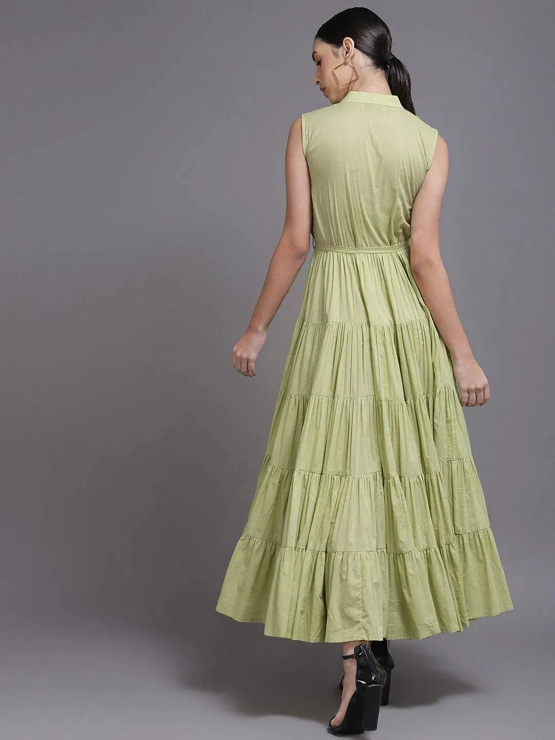Lime Green Solid Cotton Dress - Libas 