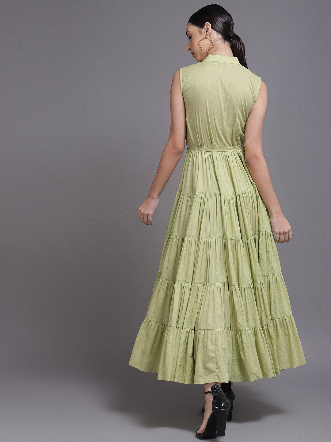 Lime Green Solid Cotton Dress - Libas