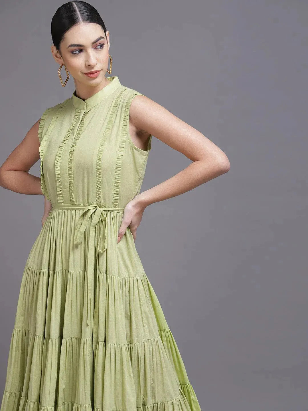 Lime Green Solid Cotton Dress - Libas 