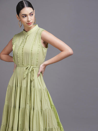Lime Green Solid Cotton Dress - Libas