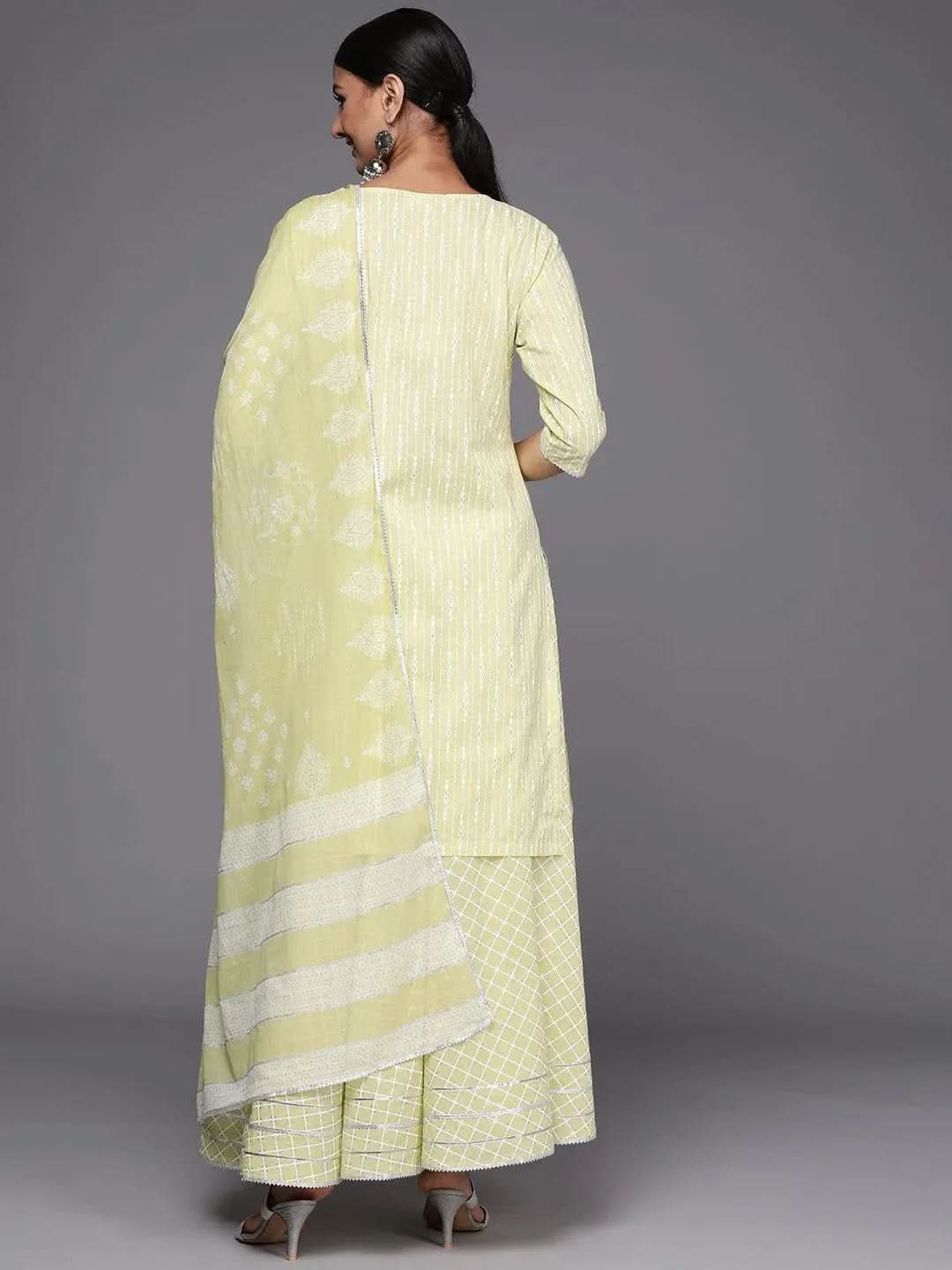 

Lime Green Yoke Design Cotton Straight Kurta With Skirt & Dupatta