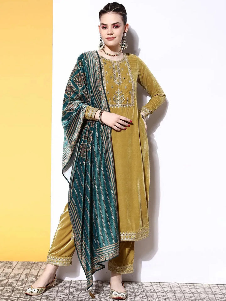 Lime Green Yoke Design Velvet Straight Suit Set - Libas