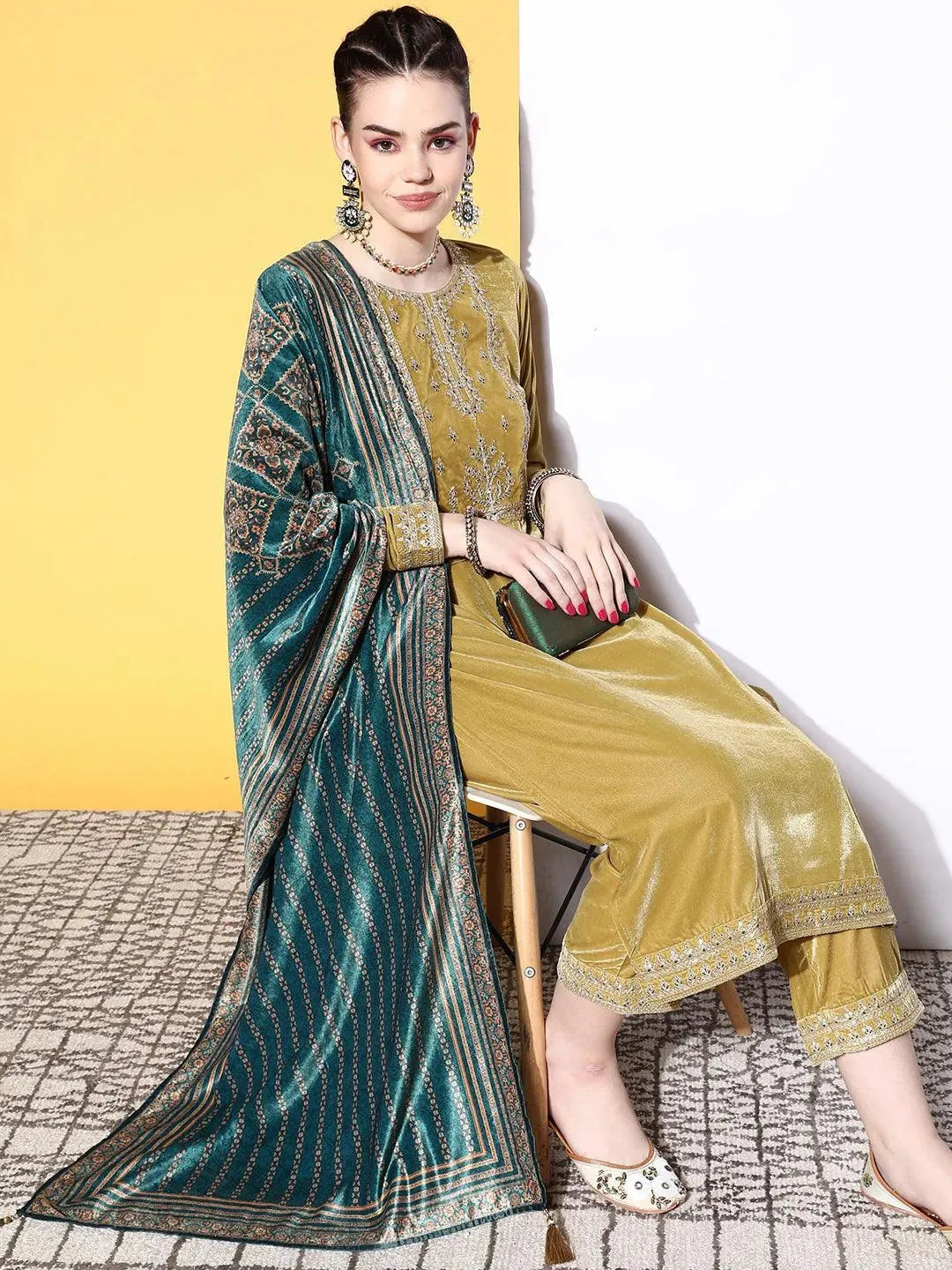 Lime Green Yoke Design Velvet Straight Suit Set - Libas 