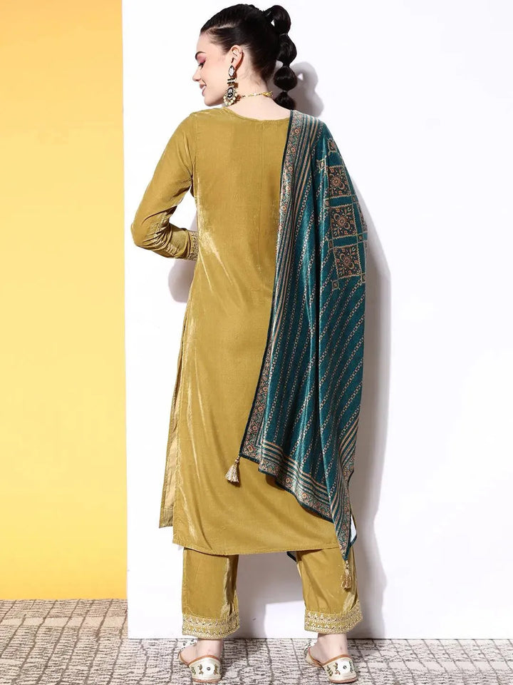 Lime Green Yoke Design Velvet Straight Suit Set - Libas
