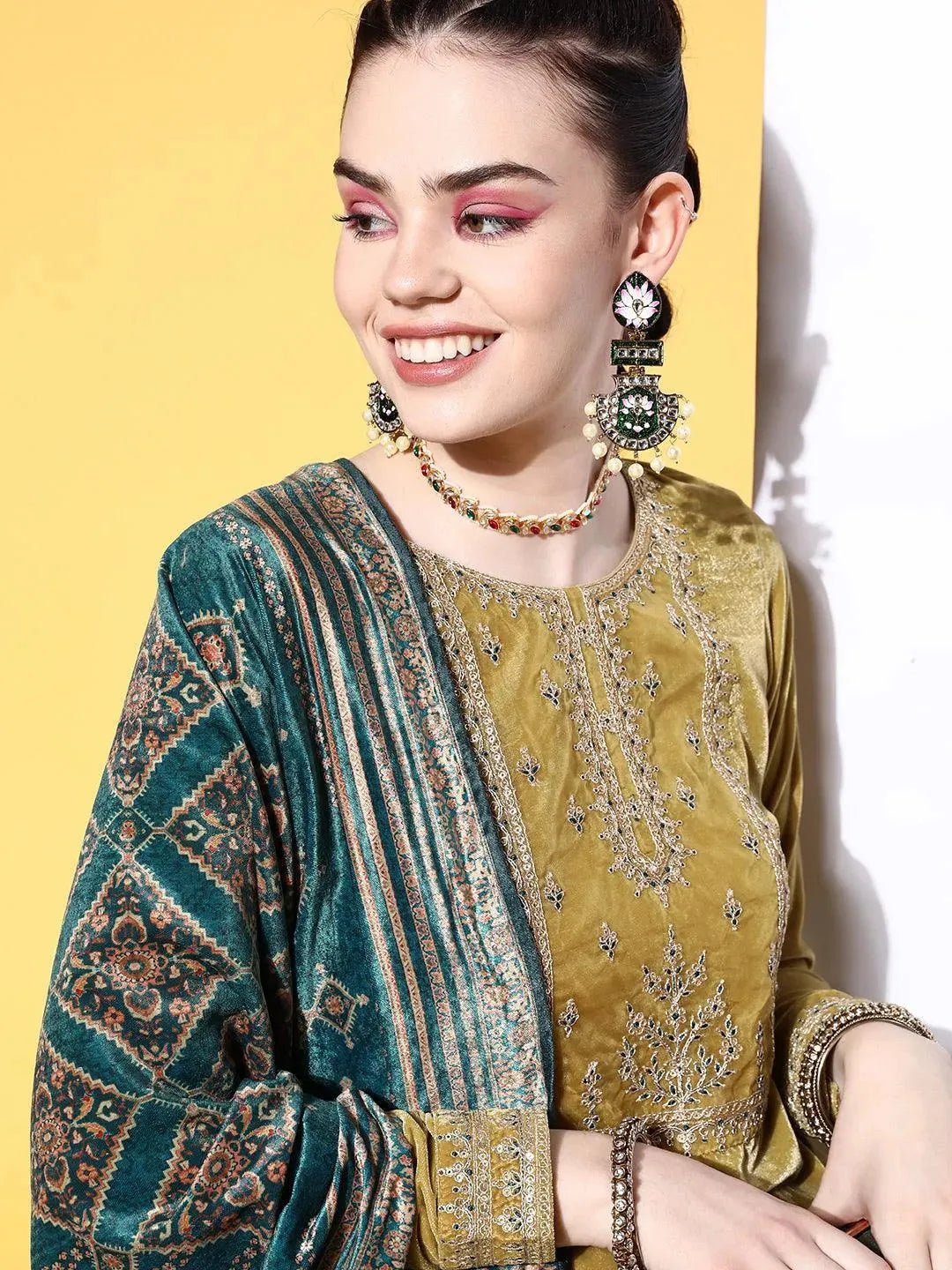 Lime Green Yoke Design Velvet Straight Suit Set - Libas 