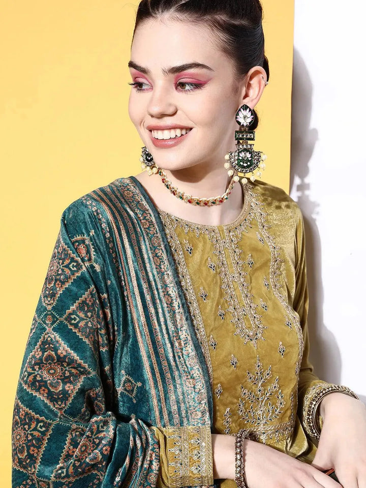 Lime Green Yoke Design Velvet Straight Suit Set - Libas