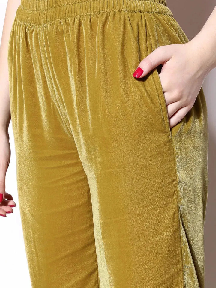 Lime Green Yoke Design Velvet Straight Suit Set - Libas